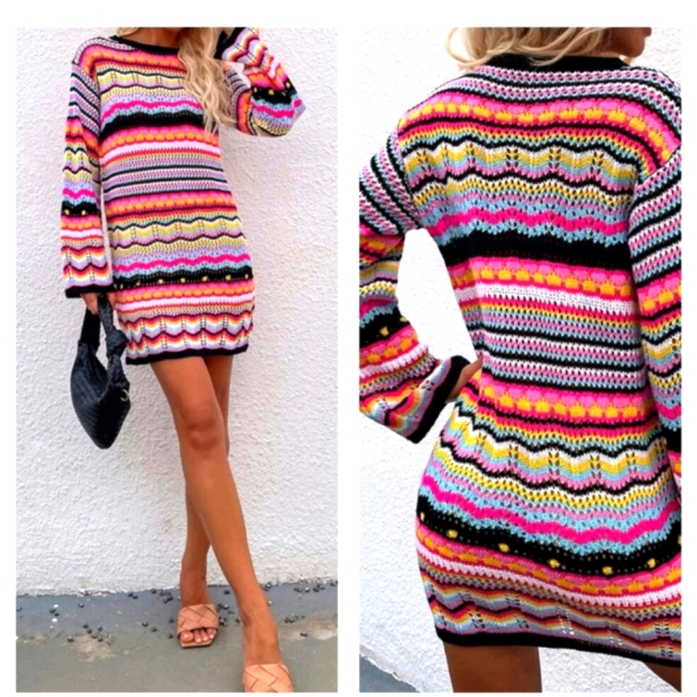Anna Kaci Holiday Knit Crochet Bell Sleeve Mini Dress L